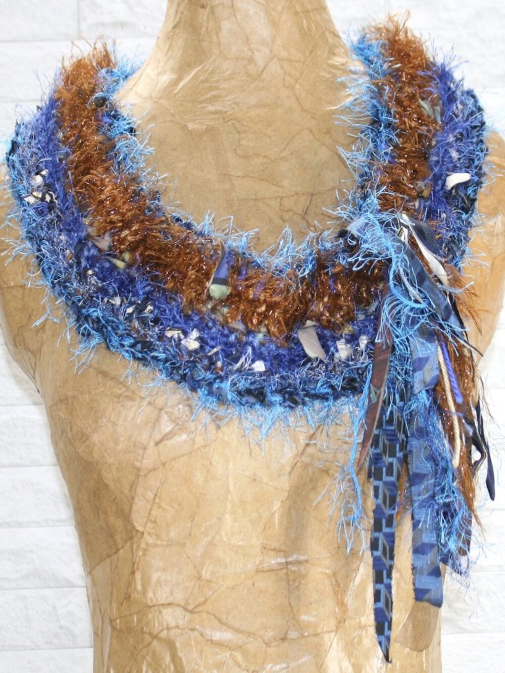 HAND CRAFTED Scarf Upcycled Crochet Infinity Necktie Oversized Fuzzy Blue Brown